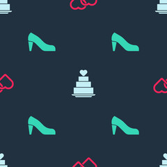 Set Two Linked Hearts, Wedding cake with heart and Woman shoe on seamless pattern. Vector