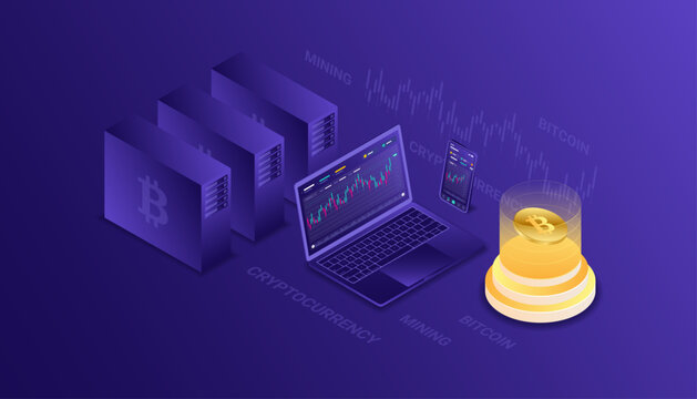 Cryptocurrency, bitcoin, blockchain, mining, technology, internet IoT, security, responsive dashboard isometric 3d illustration vector design cpu computer