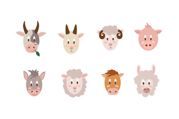 A set of portraits of farm animals. Vector collection illustration of livestock isolated on a white background. Cartoon animals Sheep, Goat, Ram, Cow, Donkey, Horse, Pig, Llama. . Vector illustration