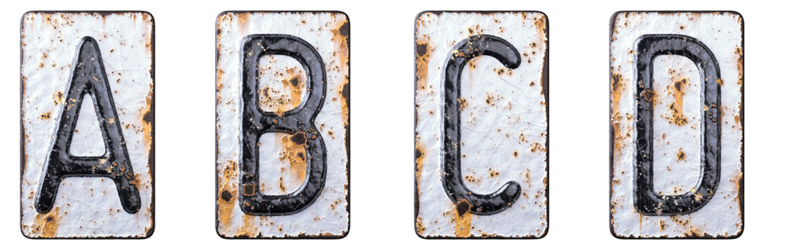 3D Render Set Of Capital Letters A, B, C, D Made Of Forged Metal On The Background Fragment Of A Metal Surface With Cracked Rust.