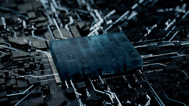 Advanced Technology Concept with Microchip. White Neon Data flows from the CPU across a Futuristic Motherboard. 3D render.