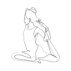 Yoga pose silhouettes of woman continuous line drawing, girl practicing yoga single line on white background, isolated vector black and white illustration.