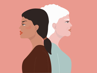 Two generations, mother and daughter, young and old in profile. The concept of motherhood, female friendship, and feminism. Vector graphics.
