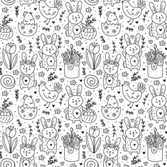 Happy Easter holiday doodle monochrome line art. Rabbit, bunny, cake, chicken, egg, hen, flower. Seamless pattern, texture. Packaging design. Isolated on white background.