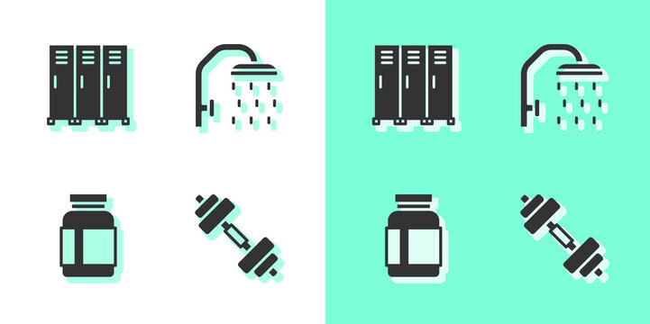 Set Dumbbell, Locker or changing room, Sports nutrition and Shower head icon. Vector