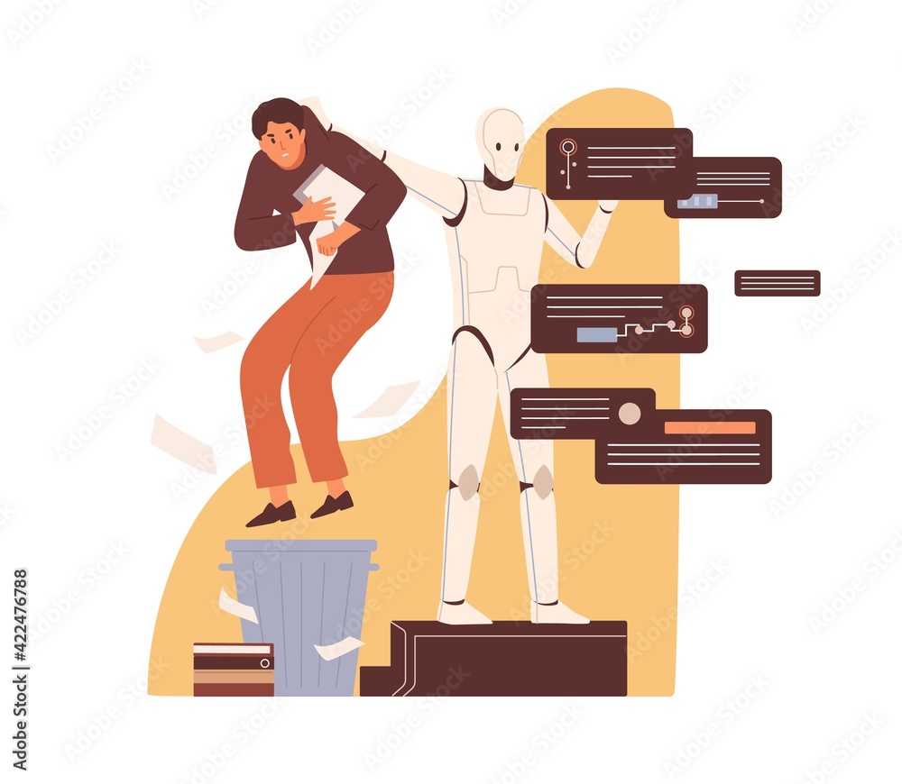 Poster Artificial intelligence replacing people at work. AI vs human. Victory of technology concept. Robot throwing useless employee into trash can. Flat vector illustration isolated on white background