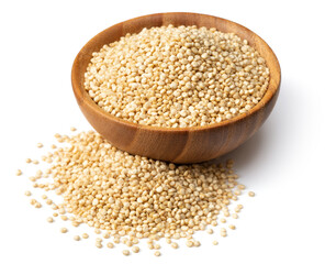 uncooked white quinoa, in the wooden bowl, isolated on pure white background