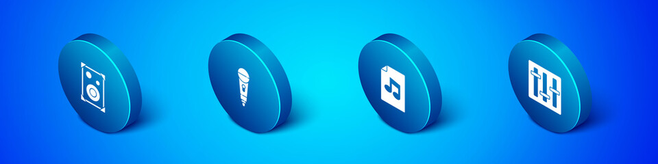 Set Isometric Stereo speaker, Music book with note, Sound mixer controller and Microphone icon. Vector