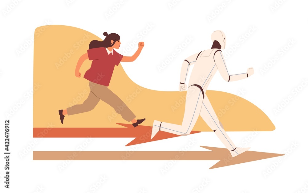 Poster Competition between robot and human. Person vs AI concept. Technologies competing with people. Confrontation with artificial intelligence. Colored flat vector illustration isolated on white background