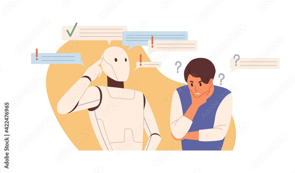 Poster Robot vs human concept. Smart AI versus people's mental capacity. Artificial intelligence and person thinking and solving problems. Colored flat vector illustration isolated on white background