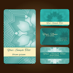 Set retro business card. Card or invitation. Vintage decorative elements. Hand drawn background.