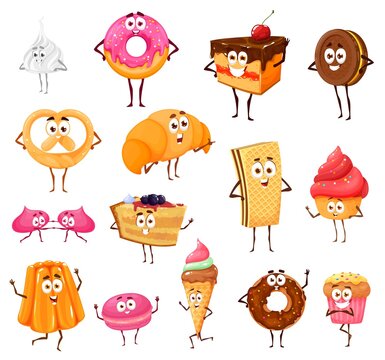 Cartoon sweets and bakery funny characters. Meringue, donut, chocolate cake and cookie, pretzel, croissant or cupcake with jelly. Macaroon, ice cream, waffle with pie smiling, waving hand isolated set