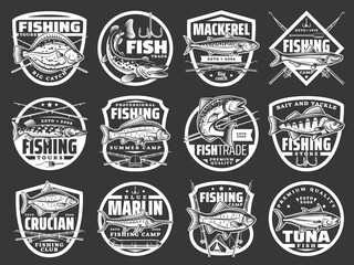 Fishing vector icons with fishes sea flounder, pike, mackerel and sprat, carp, salmon with perch with crucian, marlin and tuna. Fisherman big catch, fishing rods or spinning with bait vintage labels