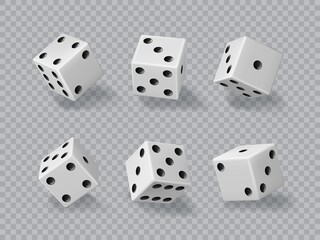 Dice, casino game cubes, 3D die white and black isolated realistic vector. Dice or craps for poker gambling and lucky chance and backgammon game, dice in random rolling throw