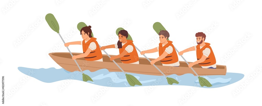 Poster friendly team rowing in boat together. concept of effective collaboration and organized teamwork. go