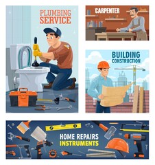 Plumber, construction workers and home repair tools banner. Plumber with plunger unclog toilet, carpenter in workshop and building engineer or architect with drawings, construction equipment poster