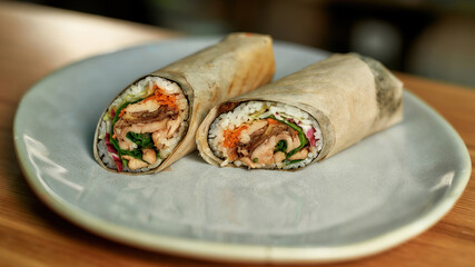 Healthy food with rice and fish on a plate