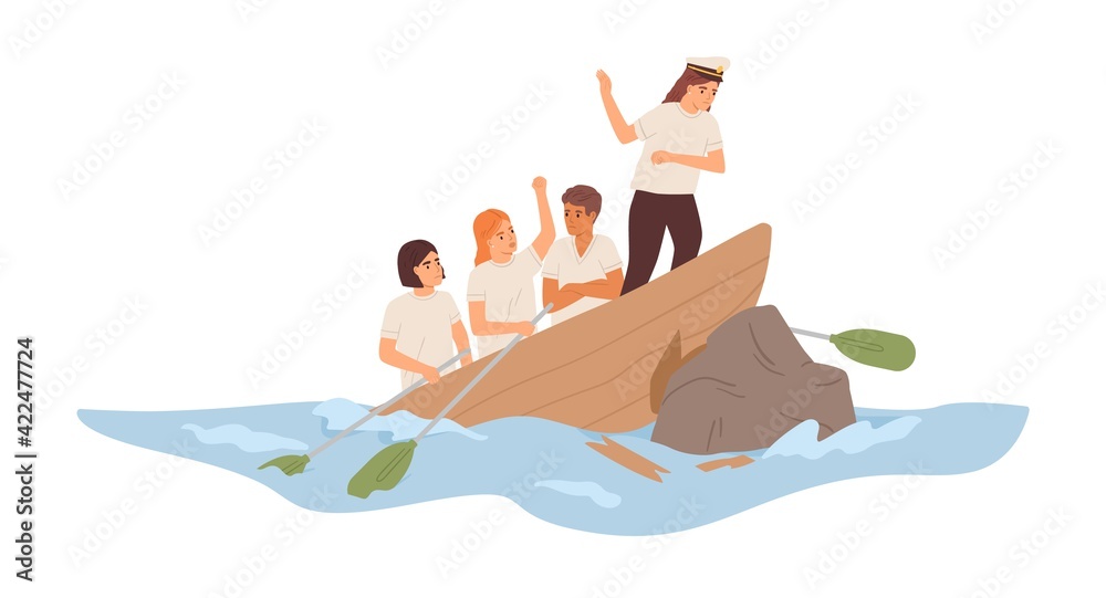 Aufkleber Business failure concept. Leader and team of employees colliding with problems and difficulties at work. Boat with coworkers in trouble. Colored flat vector illustration isolated on white background