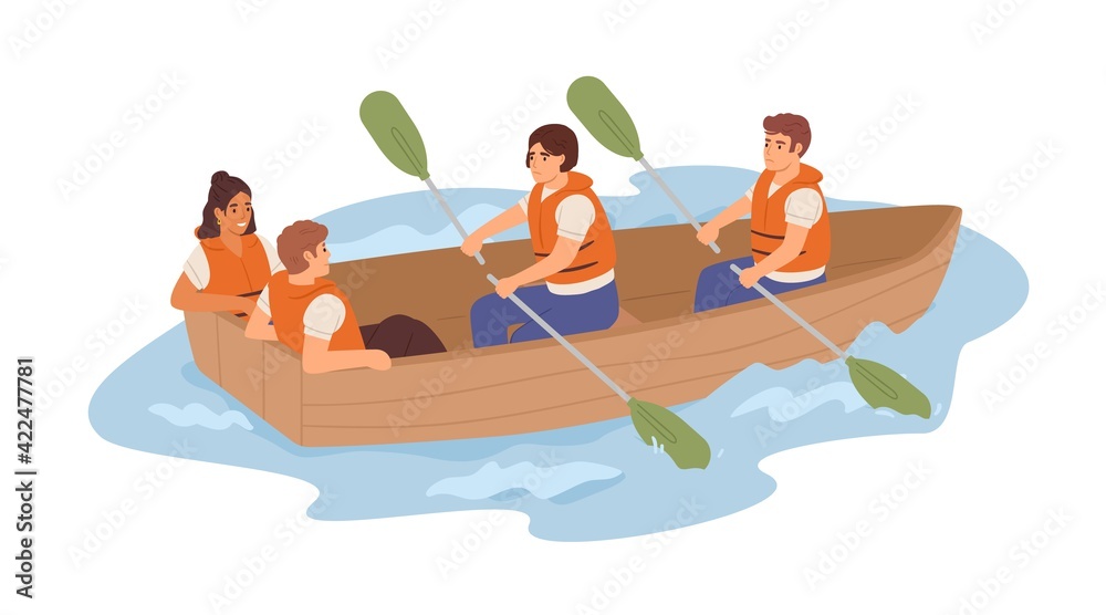 Poster Ineffective team of tired employees and resting useless lazy coworkers in boat. Unfair work distribution. Concept of bad teamwork. Colored flat vector illustration isolated on white background