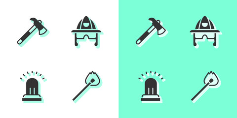 Set Burning match with fire, Firefighter axe, Ringing alarm bell and helmet icon. Vector