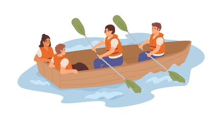 Ineffective team of tired employees and resting useless lazy coworkers in boat. Unfair work distribution. Concept of bad teamwork. Colored flat vector illustration isolated on white background