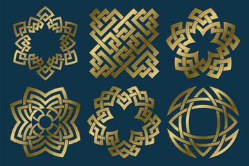 Set of golden sacred symbols. Vector abstract ancient emblems collection. Isolated jewelry logo templates.
