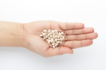 macro Close-up of Organic soybean,  (Glycine max ) or soya bean dal on the palm of a Female hand. Top view