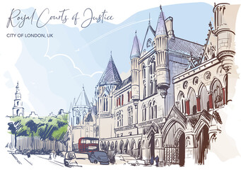 The Royal Courts of Justice a main court for England and Wales. City sketch painted with watercolor. A4 horizontal format. EPS10 vector illustration