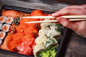 rolls red ginger restaurant delicacy asian cuisine wood background
