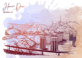 Hoover Dam stunning panoramic view. Linear hand drawing on a grunge spot ba. Sketch style. EPS10 vector illustration.