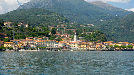 Menaggio, Italy. Amazing view of the village from the boat. Menaggio one of the most famous Italian place in Europe. Best of Italy. Como lake. Traditional Italian landscape