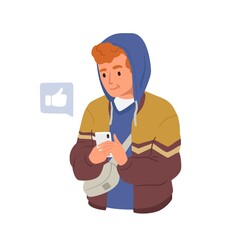 Happy young man using smartphone app, social media and surfing internet. Modern teenager holding mobile phone. Colored flat vector illustration of person with cellphone isolated on white background