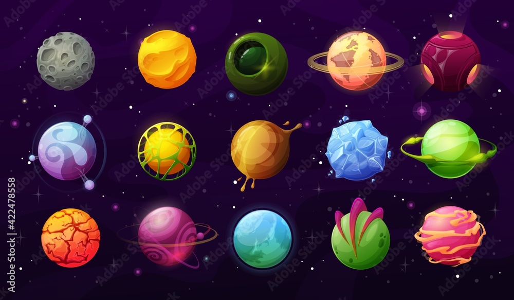 Poster fantastic planets in space vector icons, cartoon galaxy ui game asteroids. cosmic world, alien desig