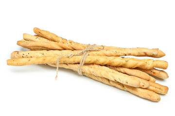 Tasty grissini breadsticks isolated on white background