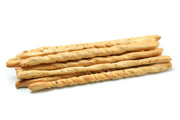 Tasty grissini breadsticks isolated on white background