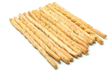 Tasty grissini breadsticks isolated on white background