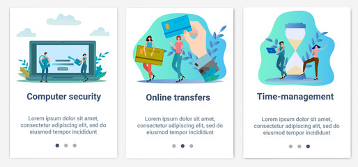 Modern flat illustrations in the form of a slider for web design. A set of UI and UX interfaces for the user interface.The topic is Computer security, online payments and time management.