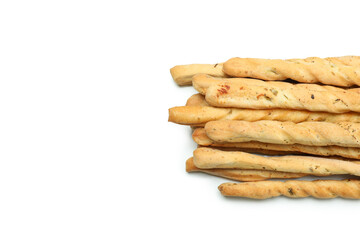 Tasty grissini breadsticks isolated on white background