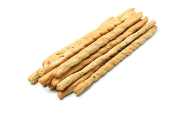 Tasty grissini breadsticks isolated on white background