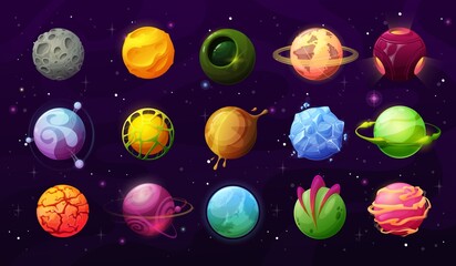 Fantastic planets in space vector icons, cartoon galaxy ui game asteroids. Cosmic world, alien design elements. Galaxy objects, planets with rings, frozen ice, craters and glowing lava surface set - obrazy, fototapety, plakaty