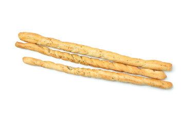 Tasty grissini breadsticks isolated on white background
