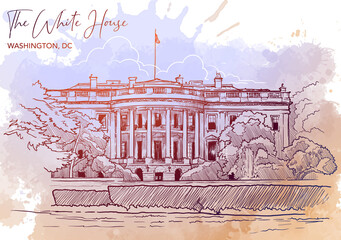 Front view of the White House and the lawn. Cityscape, urban hand drawing. Painted Sketch. Watercolor feel. Editable EPS10 vector illustration.