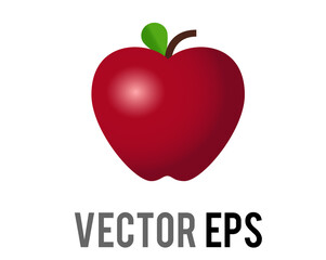 Vector classic red apple icon, shown with stem, single, green leaf
