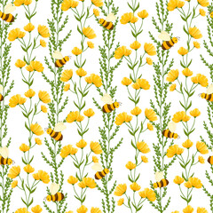 Seamless pattern of wildflowers and herbs, delicate drawing for fabric, paper, cards.