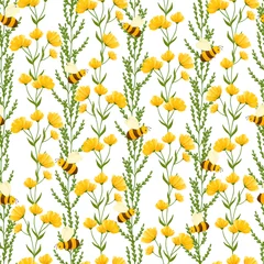 Foto op Canvas Seamless pattern of wildflowers and herbs, delicate drawing for fabric, paper, cards. © Irina Sevriugina