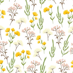 Stof per meter Seamless pattern of wildflowers and herbs, delicate drawing for fabric, paper, cards. © Irina Sevriugina