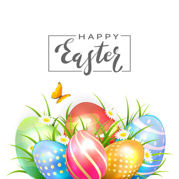 Colored Easter Eggs and Butterfly on White Background