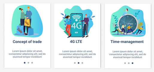 Modern flat illustrations in the form of a slider for web design. A set of UI and UX interfaces for the user interface.Topic Trade, time management and communication of the new generation.