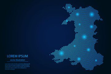 Abstract image Wales map from point blue and glowing stars on a dark background. vector illustration. - obrazy, fototapety, plakaty