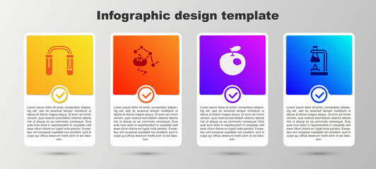 Set Test tube and flask, Genetically modified food, apple and on fire. Business infographic template. Vector